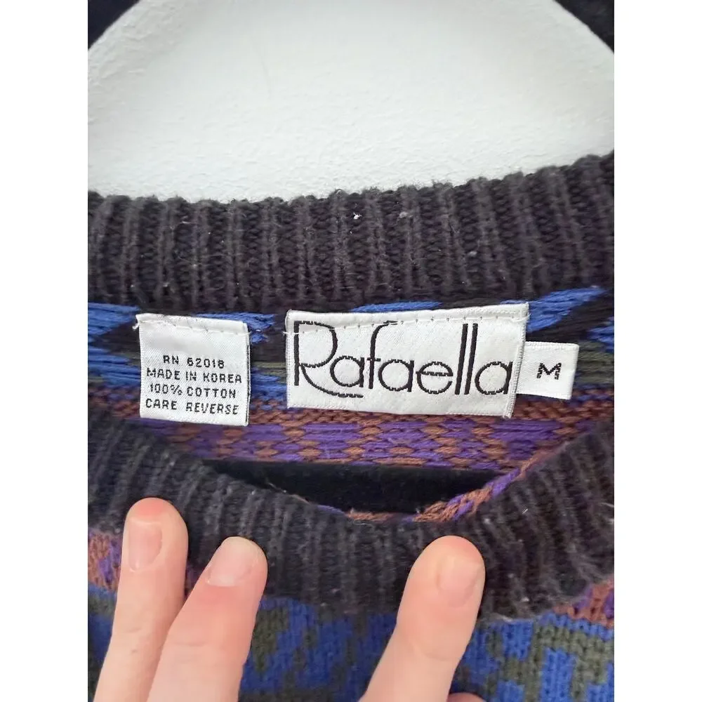 Rafaella Men’s Multicolor Geometric Ski Crewneck Sweater 100% Cotton-Size M